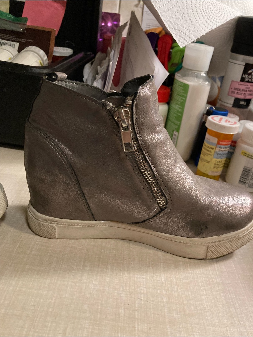 Steve Madden Metallic Pewter High-Top Wedge Sneakers with White Sole - Picture 9 of 16